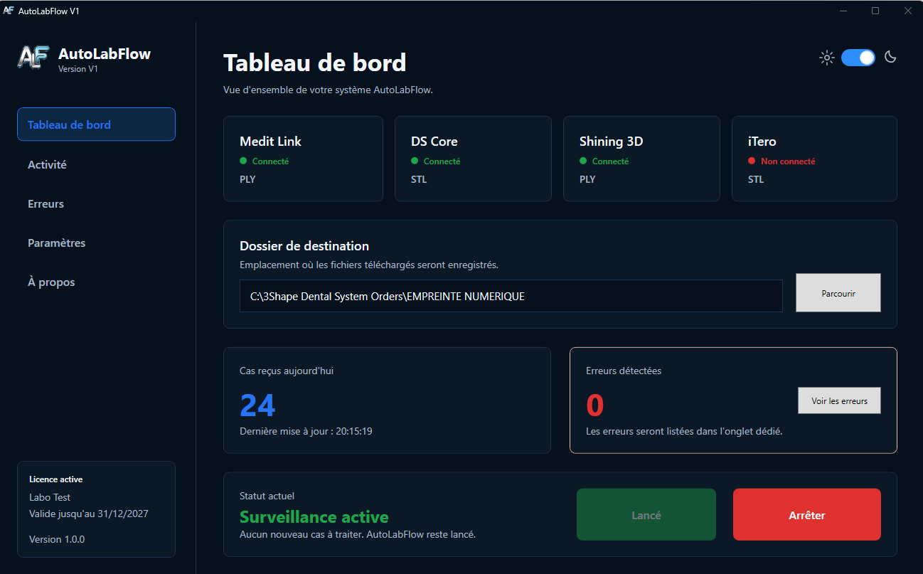 Tableau de bord AutoLabFlow en mode sombre avec les connexions, le dossier de destination et le suivi des cas