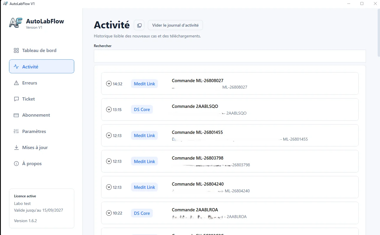 Onglet Activité AutoLabFlow avec certaines informations confidentielles floutées